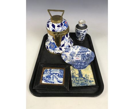 A T. Green biscuit barrel (a/f) together with a blue and white dish and two ceramic plaques