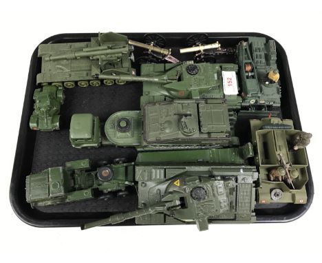 A quantity of Dinky and Corgi military vehicles including a transporter and Chieftan tank, a 155mm mobile gun and a Bren gun 