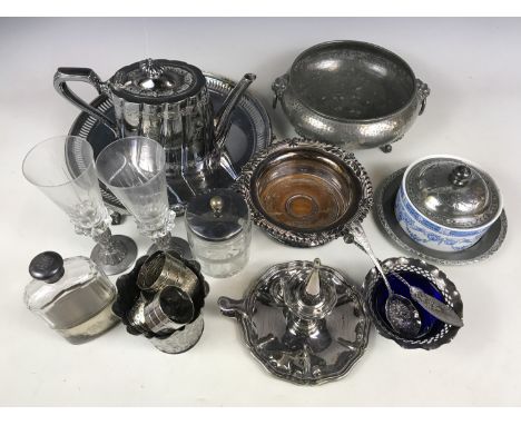 An electroplate teapot together with a butter dish, chamber stick, hip flask with silver cap, coaster and tray etc