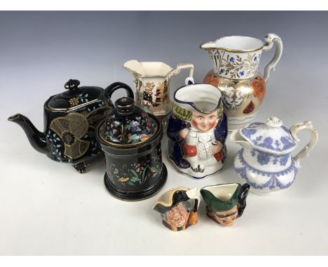 Sundry 19th Century ceramics including a Jackfield Blenheim teapot, Royal Doulton character jugs and a Chinoiserie decorated 