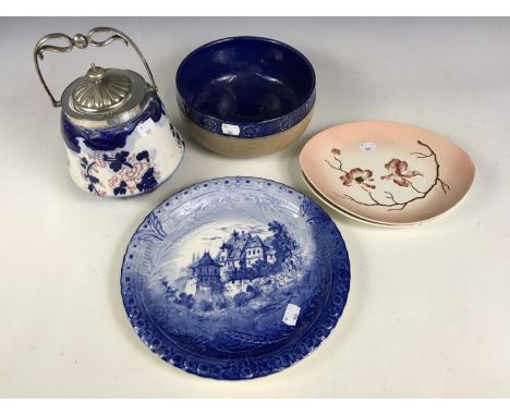 A Royal Doulton stoneware fruit bowl together with a Doulton biscuit barrel, two Carlton ware dishes and a blue and white pla