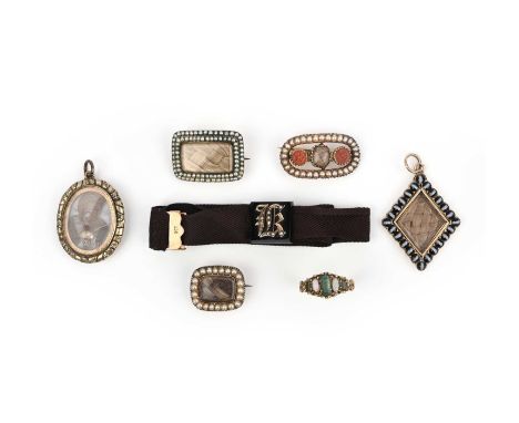 A collection of mourning jewellery, 19th century, comprising: a lozenge-shaped pendant set with a panel of hair work within a