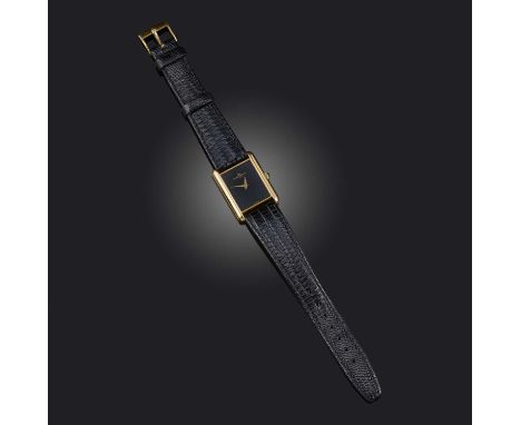 Baume &amp; Mercier, a lady's gold 'Tank'-style wristwatch, ref. 37077, rectangular plain black dial with gold hands, to a pl