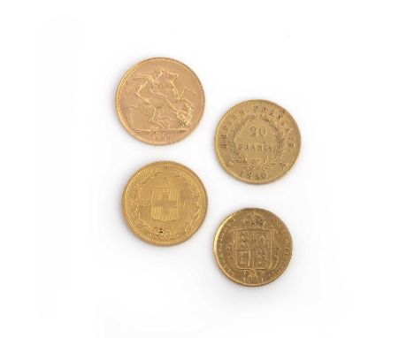 Four gold coins, 19th century, comprising: a Victorian sovereign dated 1895; a Victorian half sovereign dated 1887; a French 