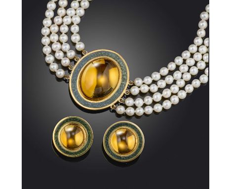 Simon Benney, a citrine and cultured pearl demi parure, comprising a four-row cultured pearl necklace centring on an oval pla