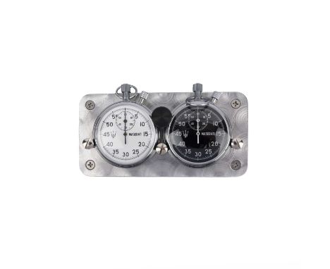 A cased pair of chrome steel stopwatches, for 1 minute duration and subsidiary 60 minute recording dials, on black, and the o