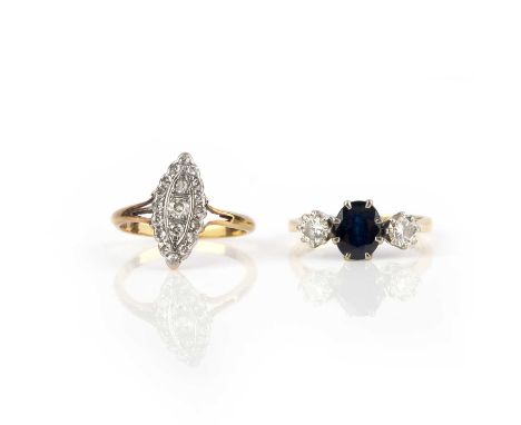 Two gem-set rings, comprising: a navette-shaped ring set with circular-cut and single-cut diamonds, size M, stamped 18CT PLAT