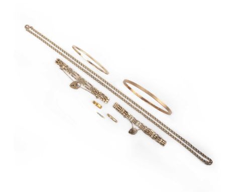 A collection of jewels, comprising: two 9ct gold gate bracelets with heart padlock clasps, British hallmarks; a 9ct gold chai