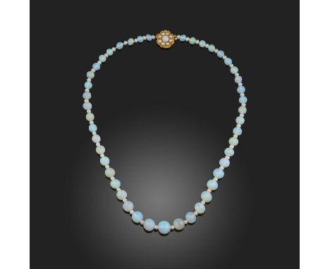 A single row opal bead necklace, the graduated white opals separated with cultured seed pearls, with a pearl and opal cluster