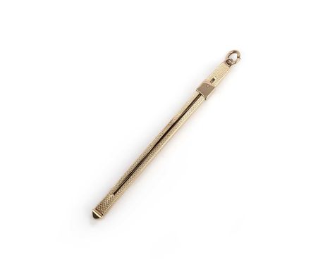 Garrard, a 9ct gold swizzle stick, of rectangular form, with engine turned decoration and engraved to one side '53 TEN O' THE