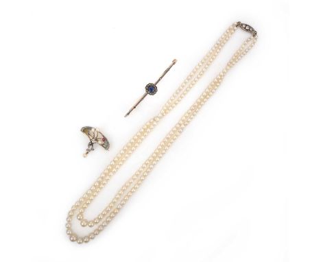A collection of jewels, comprising: a cushion-shaped sapphire and rose-cut diamond bangle mounted in gold; a double-row neckl