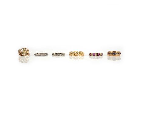 No reserve - a collection of six gold and gem-set rings, comprising: an eternity ring set with rose-cut diamonds, size M; an 