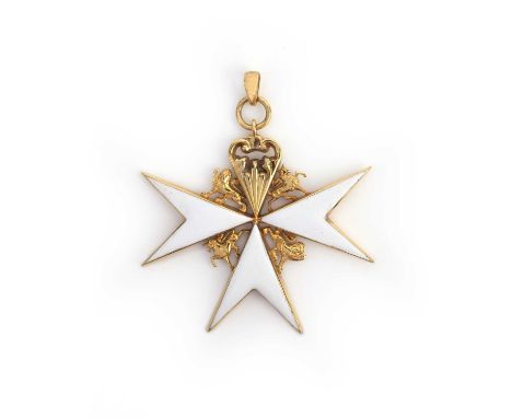 A gold and enamel pendant, Venerable Order of St John, late 19th/early 20th century, designed as a Maltese cross, three branc