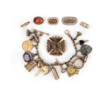 A collection of jewels including a charm bracelet, 19th/early 20th century, comprising: a jasper and gold brooch designed as 