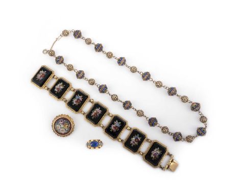 A collection of jewels, comprising: a floral micromosaic brooch mounted in gilt silver, diameter 2.6cm, stamped Italy, 800; a