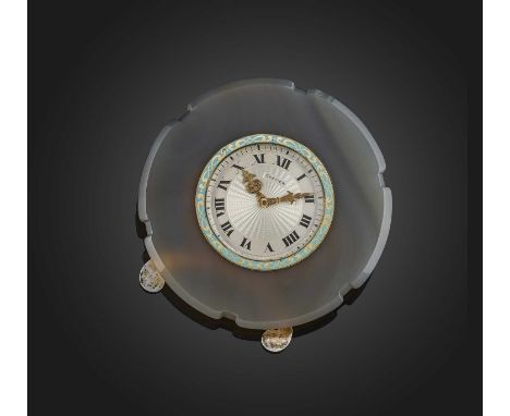 Cartier, an Art Deco agate and enamel desk timepiece, 1920s, the silvered guilloché enamel dial with black enamel Roman numer