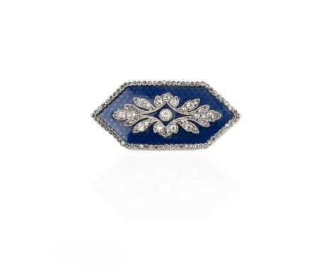 An enamel and diamond brooch, early 20th century, designed as a hexagonal plaque, applied with blue guilloché enamel, centrin