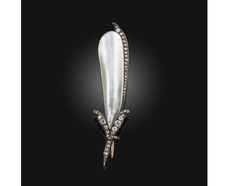 A Victorian mother of pearl and diamond brooch, late 19th century, designed as a pea pod in polished mother of pearl, set wit