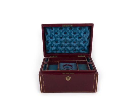 No reserve - a late Victorian jewellery box, late 19th century, three tiers, in tooled maroon leather with brass fittings and