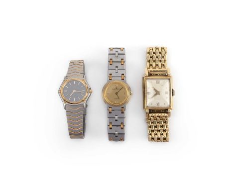 A group of three watches including a gold watch by Gubelin; comprising: a lady's stainless steel watch by Baume &amp; Mercier