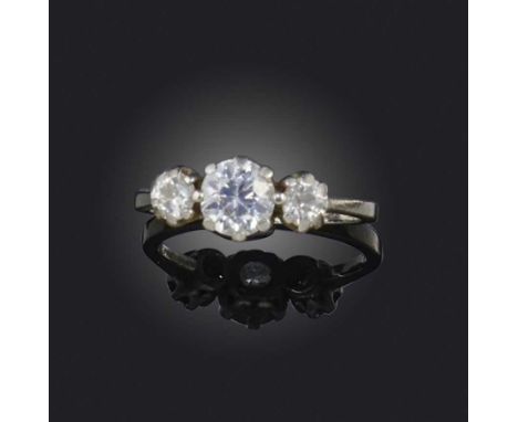 A diamond three stone ring, set with three graduated circular-cut diamonds weighing approximately 1.05cts in total, set in pl