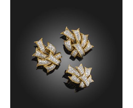 A gold and diamond demi-parure, 1960s, comprising: a pair of ear clips and a ring, each designed as ribbons, set with single-