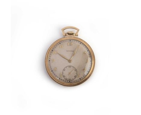 Longines, a gold open-faced pocket watch, signed cream dial with Arabic numerals and subsidiary seconds dial and outer minute