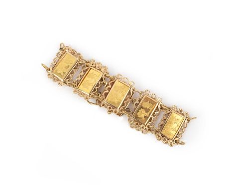 No reserve - a gold bracelet, composed of rectangular gold ingots, each stamped with a design of flowers, reading '1g Fine Go