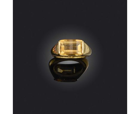 A citrine ring, set with a fancy cut citrine, mounted in 18ct gold, size M, British hallmarks, sponsor's mark EME