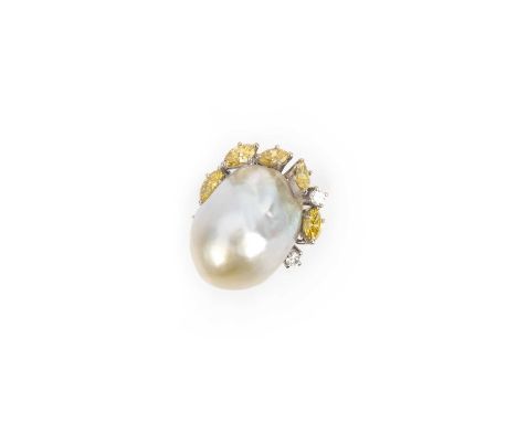 Koch, a cultured pearl and diamond ring, set with a large baroque cultured pearl, to a mount set with marquise-shaped yellow 
