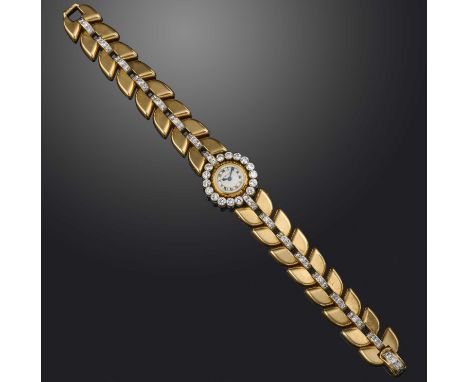 Cartier, a lady's Retro gold and diamond wristwatch, mid 20th century, the circular white enamel dial with Roman numeral indi