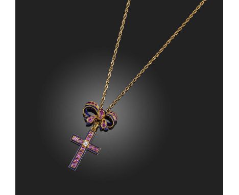A ruby, diamond and enamel pendant necklace, mid 19th century, designed as a bow suspending a cross, set with cushion-shaped 