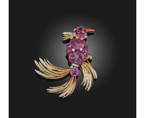 λ A ruby and diamond brooch, mid 20th century, designed as a Bird of Paradise, its head and body set with carved and cabochon