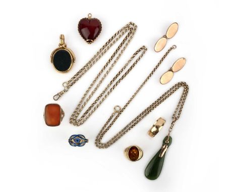 A collection of gold and hardstone jewels, comprising: a Victorian 18ct gold swivel pendant set with oval sections of bloodst