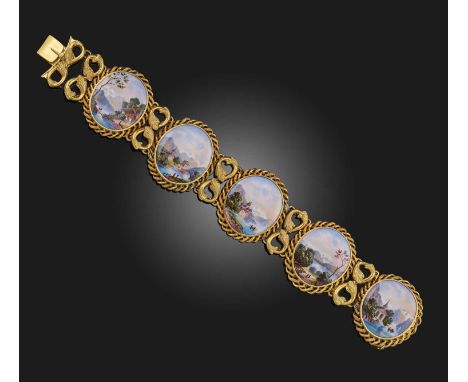 A gold and enamel plaque bracelet, each oval plaque depicting Swiss scenes within ropetwist surrounds, joined with elaborate 