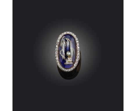 λ No reserve - a superb pearl, enamel and diamond mourning ring, circa 1791, of oval outline, centring on a funerary monument