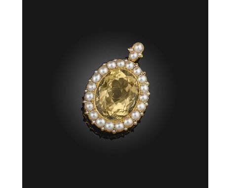 A citrine and pearl pendant, mid 19th century, set with an oval citrine, within a border of half pearls and seed pearls, to a