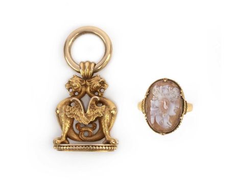 A Victorian agate cameo ring and gold fob seal, late 19th century, comprising: a gold fob seal finely modelled as a pair of h