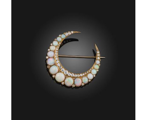 An opal and diamond brooch, late 19th century, designed as a crescent moon, set with graduated opal cabochons and cushion-sha