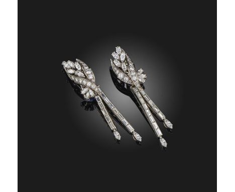 A pair of diamond 'day and night' earrings, mid 20th century, each designed as a foliate surmount set with brilliant-cut and 