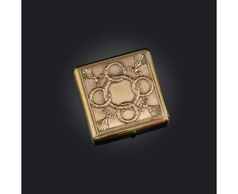 Fabergé, a silver gilt cigarette case, circa 1900, of square outline, the lid with a design of interlocking laurel wreaths an