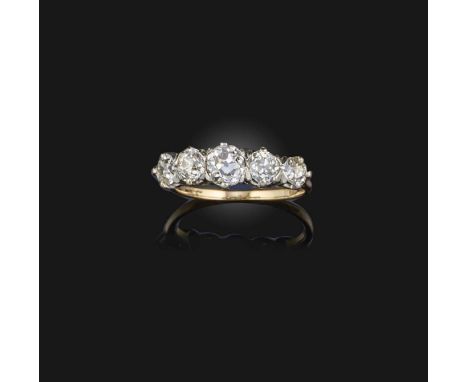 A five-stone diamond ring, designed as a line of graduated circular-cut diamonds totalling approximately 1.70 carats, mounted