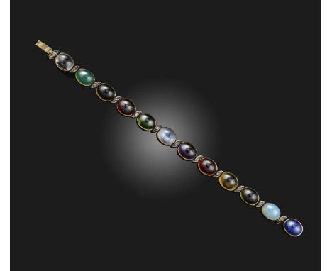 A gemstone and diamond bracelet, set with twelve cabochons of various stones including moonstone, amethyst, citrine, tourmali