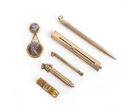 Six gold items, including three 9ct gold propelling pencils, one by S.Mordan &amp; Co, a Victorian 15ct gold scarf pin set wi