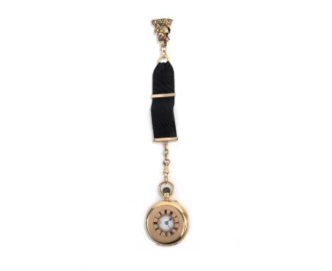An 18ct gold half hunting cased fob watch, Given Brothers, signed white enamel dial and 3/4 plate movement, London makers mar