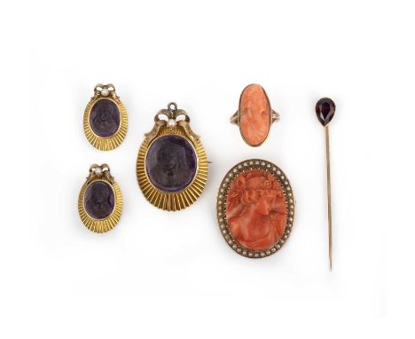 A collection of jewels, comprising: a brooch set with an amethyst cameo carved with a bust of a woman, within a gold mount to