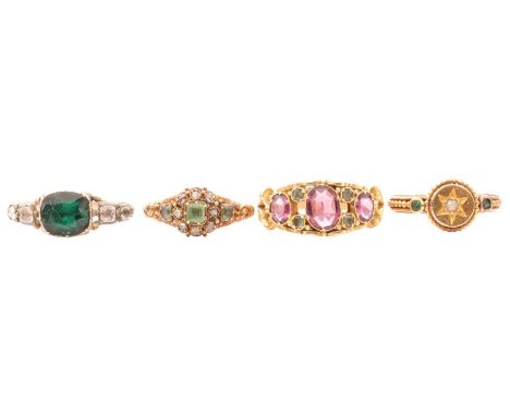 A collection of four Georgian and Victorian rings; comprising a late 18th century ring set with green and colourless paste, r
