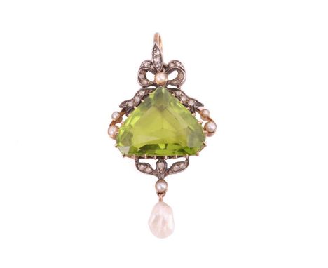 A Late Victorian peridot and pearl pendant, featuring a triangular-cut peridot of bright yellowish-green colour, approximatel