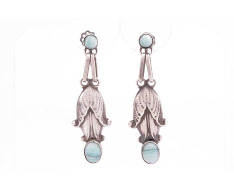 Georg Jensen - a pair of floral drop earrings set with amazonite, stylised as textured flowerheads, highlighted with amazonit
