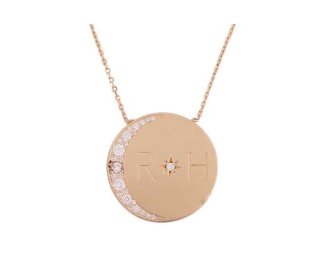 A diamond-set disc necklace by Logan Hollowell, the disc engraved with 'R H', together with round brilliant diamonds set in a